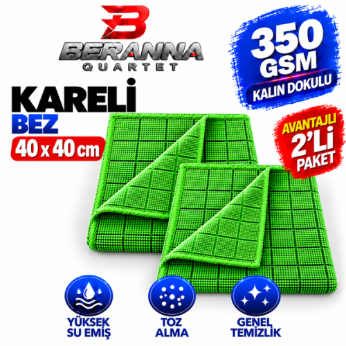 Mikrofiber Kareli Bez (YEŞİL) 40x40 *350 GSM* Kalın Dokulu 2 Lİ AVANTAJLI PAKET