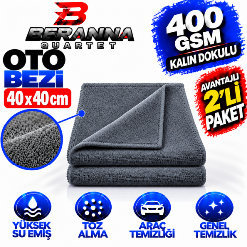 Mikrofiber Oto Kurulama Bezi 40x40 400 GSM KALIN DOKULU (GRİ)   AVANTAJLI PAKET 2 lİ Paket