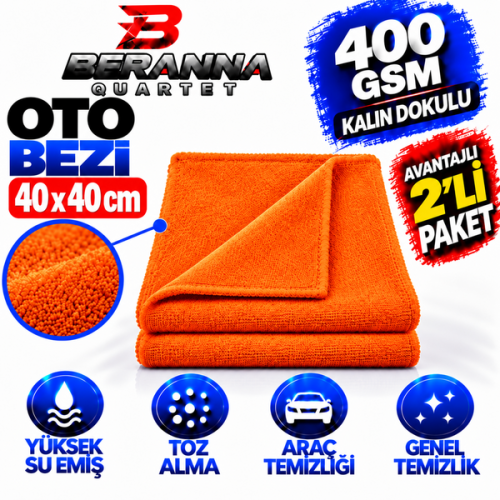 Mikrofiber Oto Kurulama Bezi 40x40  400 GSM KALIN DOKULU (TURUNCU) 2 Lİ PAKET