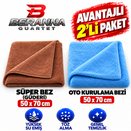 Süper Bez (Güderi) 50x70 + Oto Kurulama Bezi 50x70 600 GSM | Avantajlı 2'li Paket