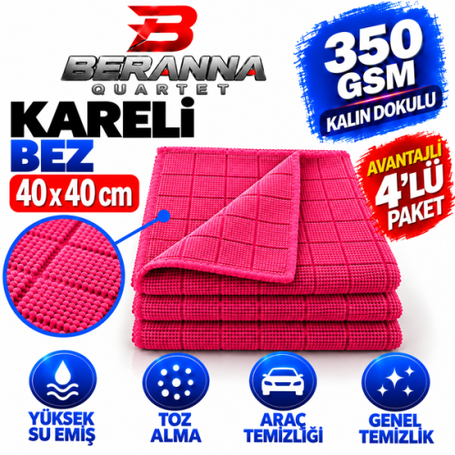 Mikrofiber Kareli Bez (Kırmızı) 40x40 *350 GSM* Kalın Dokulu AVANTAJLI 3 LÜ Paket