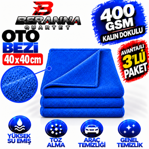 Mikrofiber Oto Kurulama Bezi 40x40 400 GSM KALIN DOKULU (MAVİ) 3 LÜ PAKET Mikrofiber Oto Kurulama Bezi 40x40 400 GSM KALIN DOKULU (MAVİ) 3 LÜ PAKET
