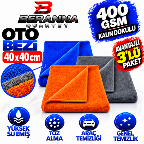Oto Kurulama Bezi 40x40 400 GSM Kalın Dokulu (Mavi, Turuncu, Gri) Avantajlı 3'lü Paket