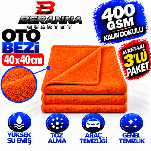 Microfiber Oto Kurulama Bezi 40x40  400 GSM  KALIN DOKULU (TURUNCU) 3 LÜ PAKET