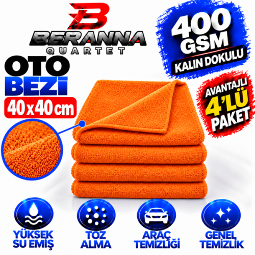Microfiber Oto Kurulama Bezi 40x40   400 GSM KALIN DOKULU (TURUNCU)  AVANTAJLI  4 lü PAKET