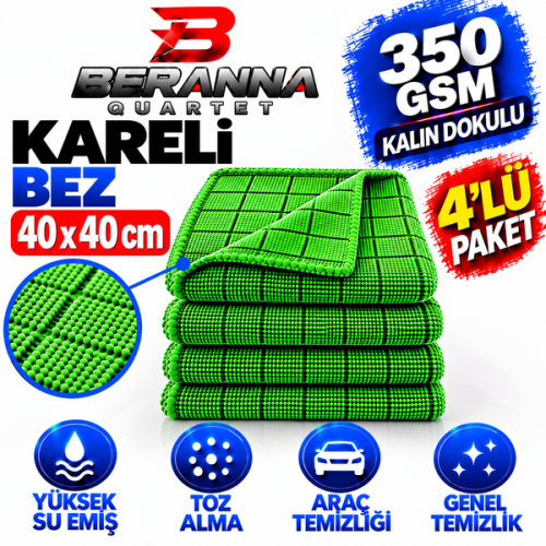 Mikrofiber Kareli Bez (YEŞİL) 40x40  *350 GSM* Kalın Dokulu AVANTAJLI  4 lü PAKET