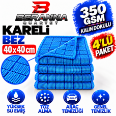 Mikrofiber Kareli Bez (MAVİ) 40x40 *350 GSM* Kalın Dokulu AVANTAJLI  4 lü Paket