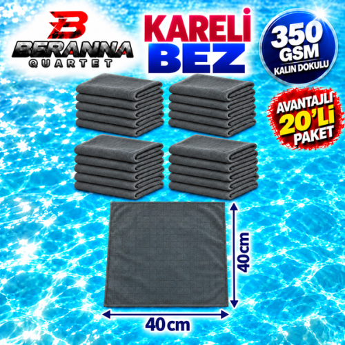 Mikrofiber Kareli Bez Gri 40×40 cm 350 GSM Kalın Dokulu Avantajlı 20’li Paket – Beranna Quartet
