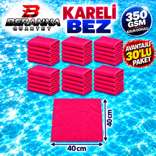 Mikrofiber Kareli Bez Kırmızı 40×40 cm 350 GSM Kalın Dokulu Avantajlı 30’lu Paket – Beranna Quartet