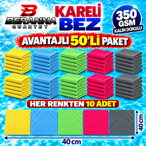 Mikrofiber Kareli Bez 5 Renk 40×40 cm 350 GSM Kalın Dokulu Avantajlı 50’li Karma Paket – Beranna Quartet