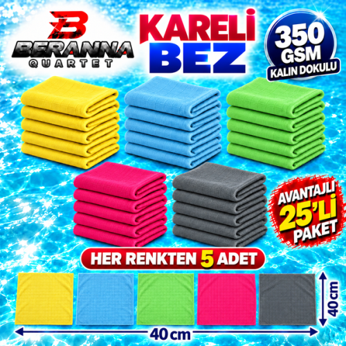 Mikrofiber Kareli Bez 5 Renk 40×40 cm 350 GSM Kalın Dokulu Avantajlı 25’li Karma Paket – Beranna Quartet