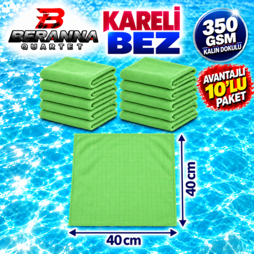 Mikrofiber Kareli Bez Yeşil 40×40 cm 350 GSM Kalın Dokulu Avantajlı 10’lu Paket – Beranna Quartet