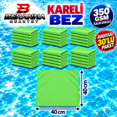 Mikrofiber Kareli Bez Yeşil 40×40 cm 350 GSM Kalın Dokulu Avantajlı 30’lu Paket – Beranna Quartet