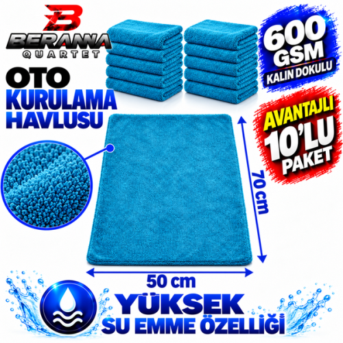 Mikrofiber Oto Kurulama Havlusu Turkuaz 50×70 cm 600 GSM Kalın Dokulu Avantajlı 10’lu Paket – Beranna Quartet