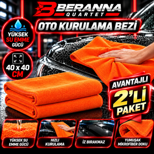 Mikrofiber Oto Kurulama Bezi 40x40  400 GSM KALIN DOKULU (TURUNCU) 2 Lİ PAKET