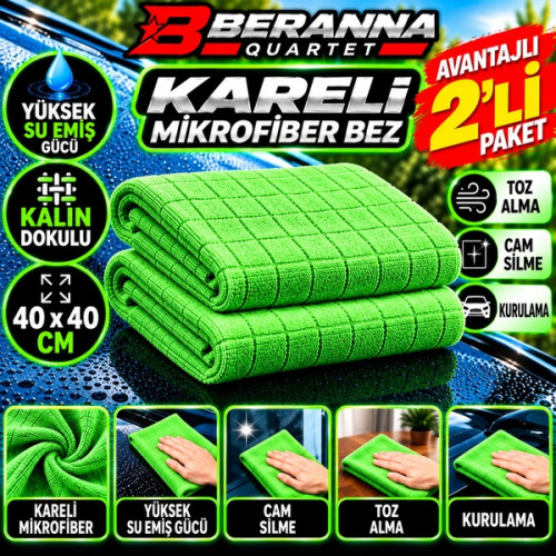 Mikrofiber Kareli Bez (YEŞİL) 40x40 *350 GSM* Kalın Dokulu 2 Lİ AVANTAJLI PAKET