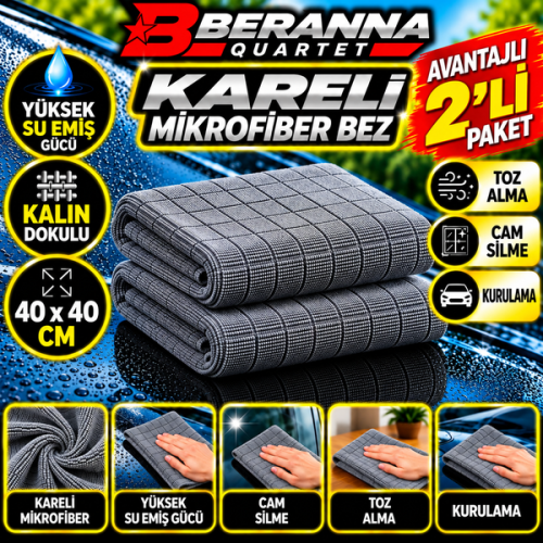 Mikrofiber Kareli Bez (GRİ) 40x40 *350 GSM* Kalın Dokulu  2 Lİ PAKET