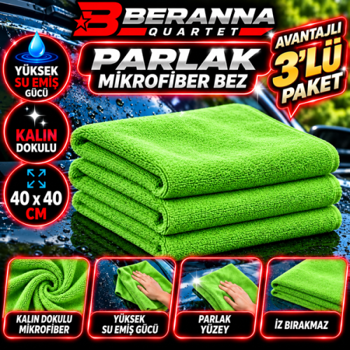 Mikrofiber Parlak Bez 40x40   *350 GSM*  (YEŞİL) KALIN DOKULU AVANJLI 3 LÜ PAKET