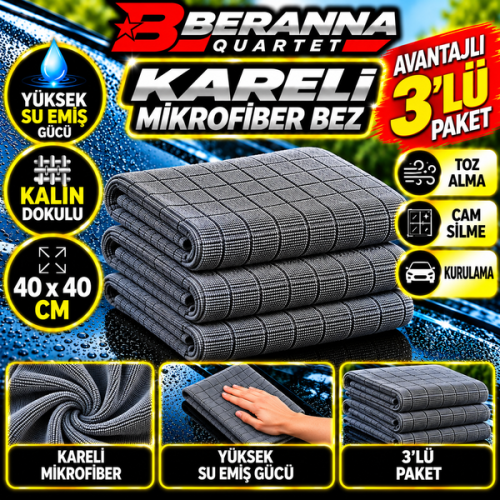 Microfiber Kareli Bez (GRİ) 40x40  *350 GSM* Kalın Dokulu avantajlı 3 lü Paket