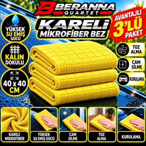 Mikrofiber Kareli Bez (Sarı) 40x40 *350 GSM* Kalın Dokulu AVANTAJLI 3 LÜ PAKET