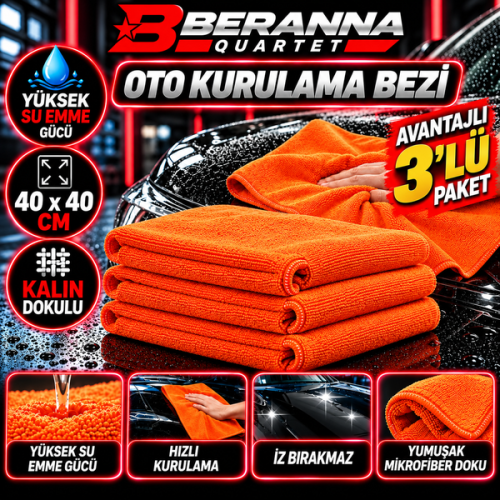Microfiber Oto Kurulama Bezi 40x40  400 GSM  KALIN DOKULU (TURUNCU) 3 LÜ PAKET
