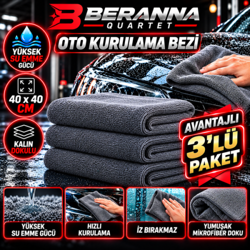 Mikrofiber Oto Kurulama Bezi 40x40  400 GSM KALIN DOKULU (GRİ)   AVANTAJLI PAKET 3 lü Paket