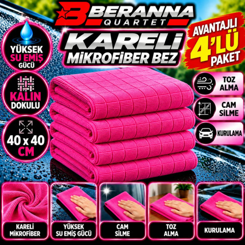 Mikrofiber Kareli Bez (Kırmızı) 40x40 *350 GSM* Kalın Dokulu AVANTAJLI  4 lü PAKET